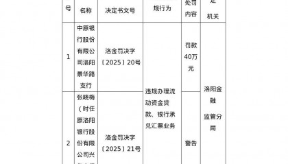中原银行洛阳景华路支行被罚40万,涉违规办理流动资金贷款等