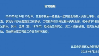 三亚通报：一酒店装修工程推车坠落，砸中3名路人，其中1人经抢救无效死亡