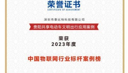 泰比特荣获物联之星2023年度中国物联网行业标杆案例榜