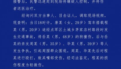 女司机撞到未拴绳的狗，同车男子遭狗主人亲友围殴！警方通报