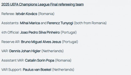 欧冠决赛巴黎VS国米裁判安排出炉 罗马尼亚名哨执法