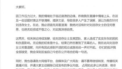演员韩沛颖向刘浩存道歉：我绝对没有针对刘浩存女士的任何意思